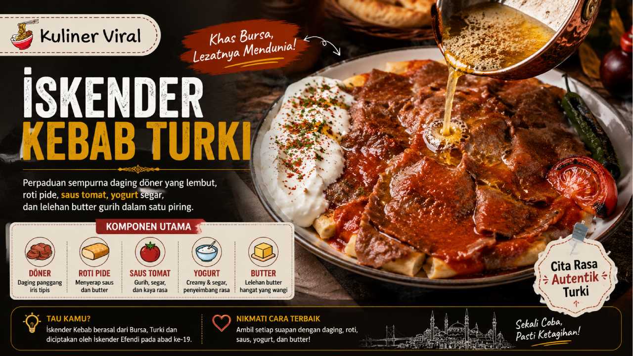 İskender Kebab Turki Menumpuk Daging, Roti, Yogurt, dan Butter dalam Satu Piring